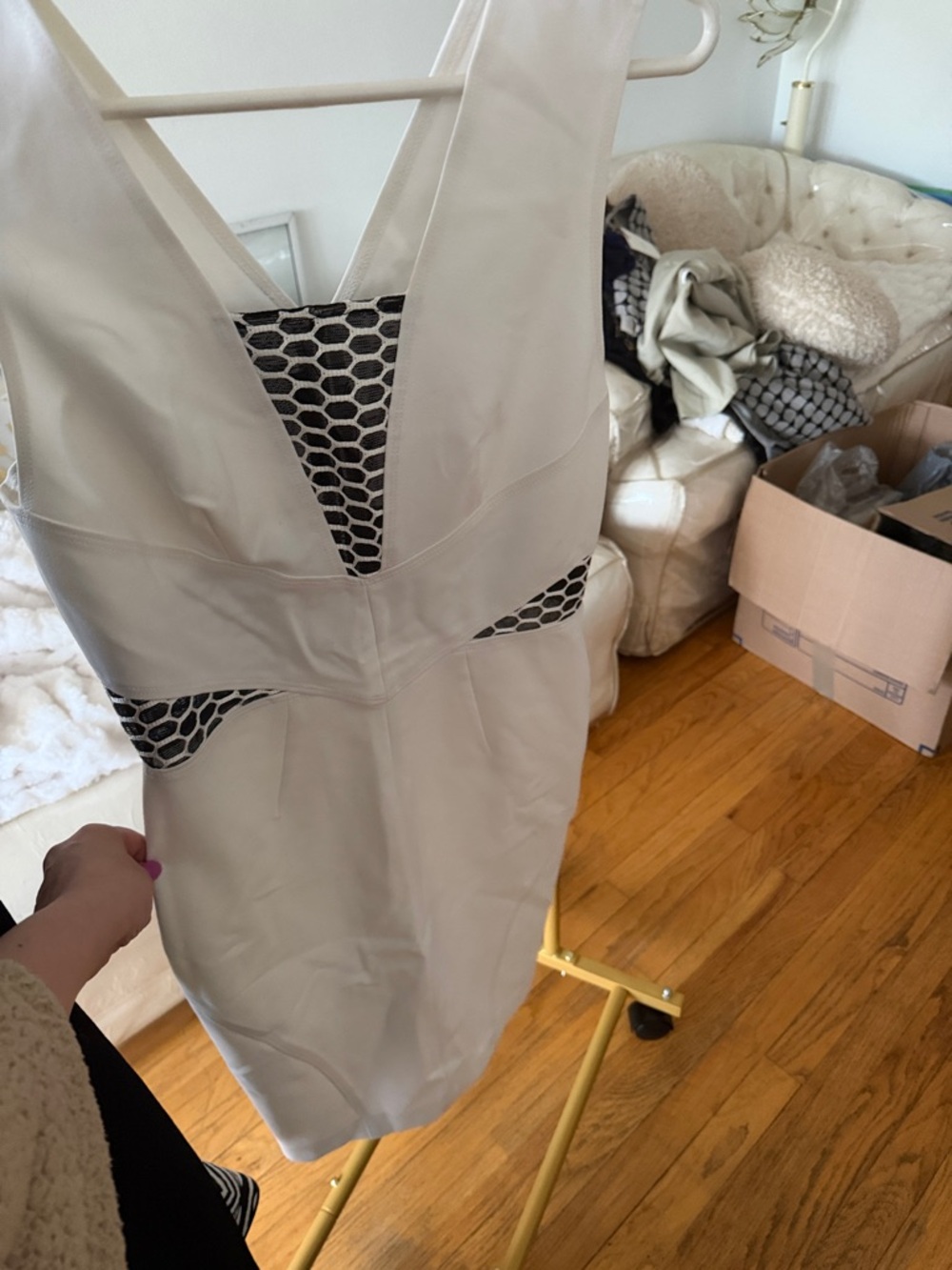Yoana Baraschi Cream Mini Dress with Black Mesh Insets